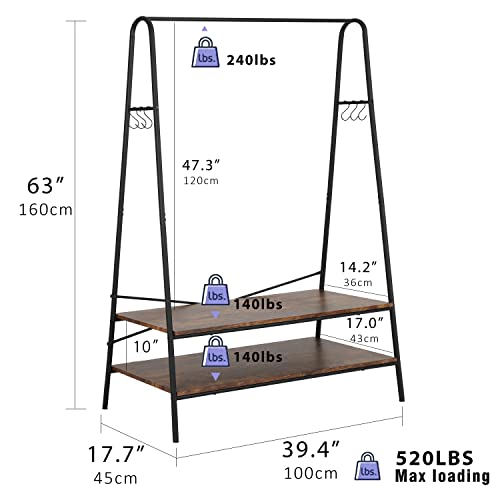 Finnhomy 39.4“L Clothes Rack with 2 Wood Shelves, Clothing Racks for Hanging Clothes Heavy Duty Garment Display Rack, Rustic Metal Portable Closet with Shoes Rack for Bedroom/Entryway/Boutiques