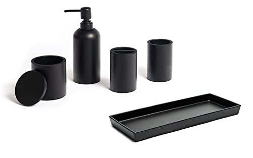 Jo Lavie Matte Black Bathroom Accessory Set 4 Pcs & Rectangle Vanity Tray, BathroomOrganizer Soap Dispenser Apothecary Jar Toothbrush Holder Toothbrush Cup Bathtub Tray Bathroom Organizer