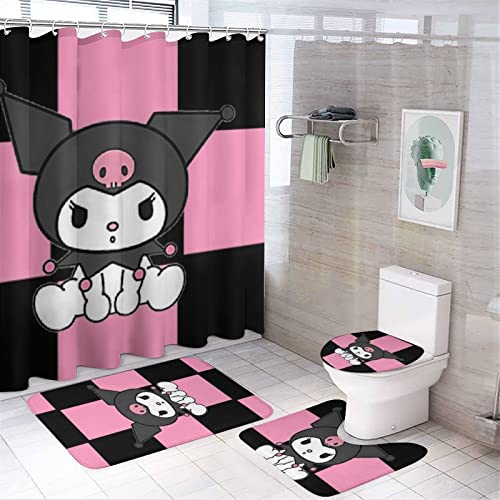 fmsnupz 4PCS Anime Shower Curtain Set, Cute Bathroom Decor with Non-Slip Rugs, Toilet Lid Cover and Bath Mat, Waterproof Fabric Shower Curtains with 12 Hooks, 70.8"x70.8"