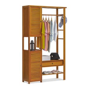 monibloom closet organizer with two shutter doors and 1 drawer, bamboo freestanding clothes garment rack with a hanging rob, 2 storage shelves, 2 hooks and pants rack, brown