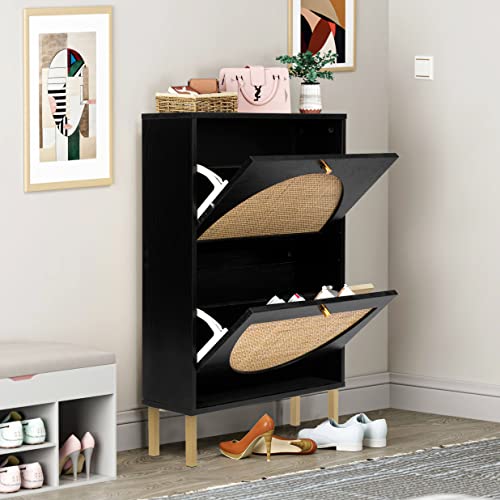 SSLine Shoe Cabinet with 2 Flip Down Storage Shelves Free-Standing Shoe Rack Modern Black Wood Shoe Storage Organizer with Unique Rattan Decor &Golden Handle for Entryway Hallway Doorway