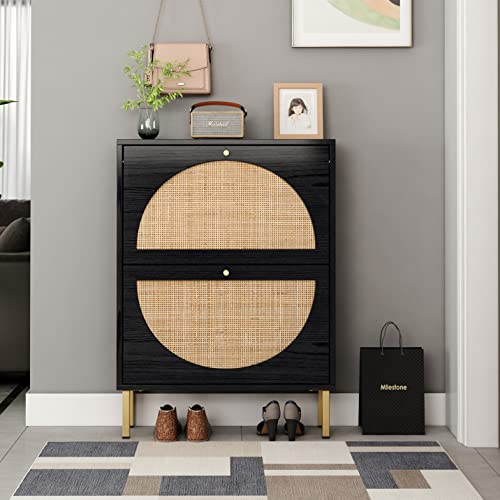 SSLine Shoe Cabinet with 2 Flip Down Storage Shelves Free-Standing Shoe Rack Modern Black Wood Shoe Storage Organizer with Unique Rattan Decor &Golden Handle for Entryway Hallway Doorway