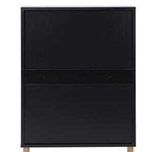 SSLine Shoe Cabinet with 2 Flip Down Storage Shelves Free-Standing Shoe Rack Modern Black Wood Shoe Storage Organizer with Unique Rattan Decor &Golden Handle for Entryway Hallway Doorway