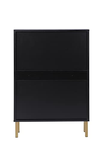 SSLine Shoe Cabinet with 2 Flip Down Storage Shelves Free-Standing Shoe Rack Modern Black Wood Shoe Storage Organizer with Unique Rattan Decor &Golden Handle for Entryway Hallway Doorway