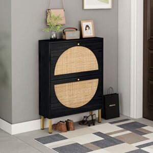 SSLine Shoe Cabinet with 2 Flip Down Storage Shelves Free-Standing Shoe Rack Modern Black Wood Shoe Storage Organizer with Unique Rattan Decor &Golden Handle for Entryway Hallway Doorway