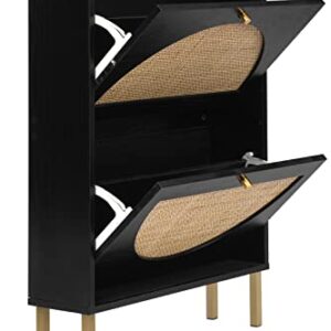 SSLine Shoe Cabinet with 2 Flip Down Storage Shelves Free-Standing Shoe Rack Modern Black Wood Shoe Storage Organizer with Unique Rattan Decor &Golden Handle for Entryway Hallway Doorway