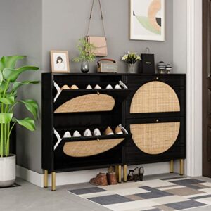 SSLine Shoe Cabinet with 2 Flip Down Storage Shelves Free-Standing Shoe Rack Modern Black Wood Shoe Storage Organizer with Unique Rattan Decor &Golden Handle for Entryway Hallway Doorway