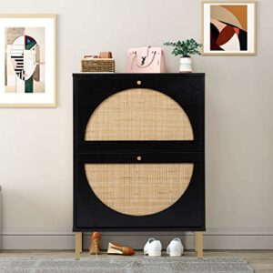 SSLine Shoe Cabinet with 2 Flip Down Storage Shelves Free-Standing Shoe Rack Modern Black Wood Shoe Storage Organizer with Unique Rattan Decor &Golden Handle for Entryway Hallway Doorway