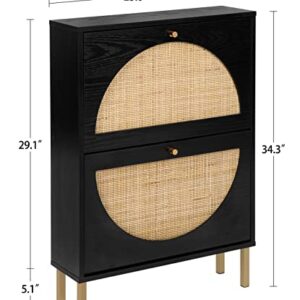 SSLine Shoe Cabinet with 2 Flip Down Storage Shelves Free-Standing Shoe Rack Modern Black Wood Shoe Storage Organizer with Unique Rattan Decor &Golden Handle for Entryway Hallway Doorway