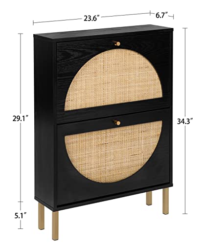 SSLine Shoe Cabinet with 2 Flip Down Storage Shelves Free-Standing Shoe Rack Modern Black Wood Shoe Storage Organizer with Unique Rattan Decor &Golden Handle for Entryway Hallway Doorway