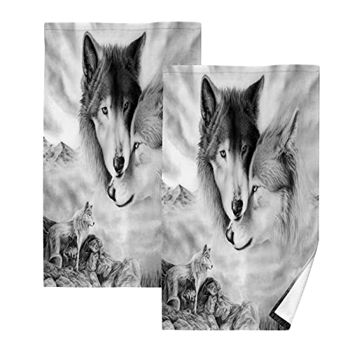 MAOBLYR Gray Wolf Set of 2 Fingertip Towel Larger Pure Cotton Soft Highly Absorbent Hand Towels for Bathroom Spa Home (16 x 28 Inches)