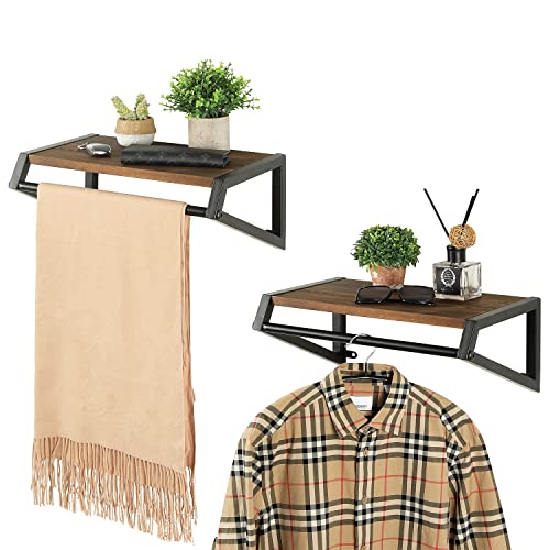 MyGift Wall Mounted Industrial Black Metal Garment Clothes Rack with Rustic Burnt Wood Display Shelf, Closet Clothing and Coat Storage Organizer Hanger Bar, Set of 2