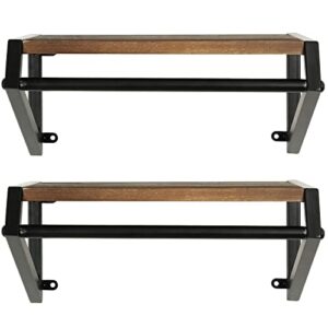 MyGift Wall Mounted Industrial Black Metal Garment Clothes Rack with Rustic Burnt Wood Display Shelf, Closet Clothing and Coat Storage Organizer Hanger Bar, Set of 2