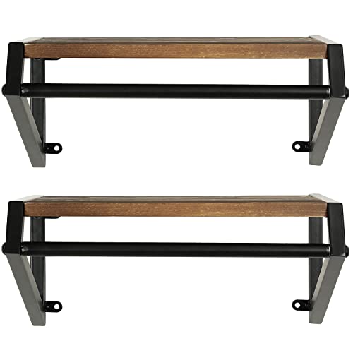 MyGift Wall Mounted Industrial Black Metal Garment Clothes Rack with Rustic Burnt Wood Display Shelf, Closet Clothing and Coat Storage Organizer Hanger Bar, Set of 2