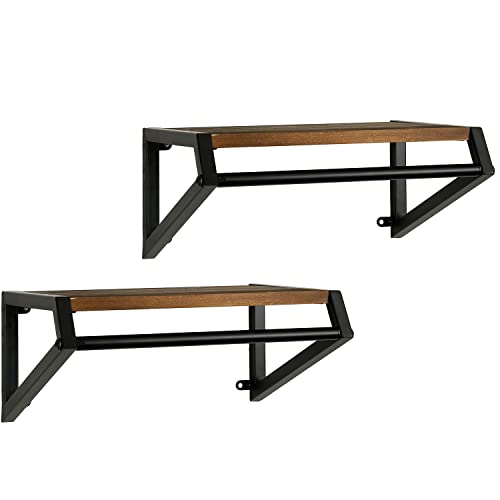 MyGift Wall Mounted Industrial Black Metal Garment Clothes Rack with Rustic Burnt Wood Display Shelf, Closet Clothing and Coat Storage Organizer Hanger Bar, Set of 2