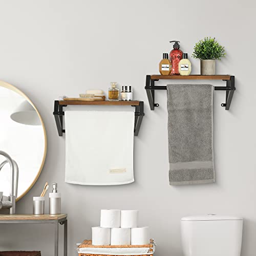 MyGift Wall Mounted Industrial Black Metal Garment Clothes Rack with Rustic Burnt Wood Display Shelf, Closet Clothing and Coat Storage Organizer Hanger Bar, Set of 2