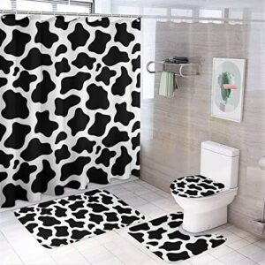 4 pcs bathroom shower curtain set，cow print non-slip rugs,toilet lid cover and durable and waterproof bath mat for bathroom decor set
