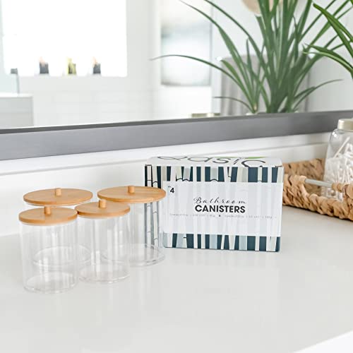 Qasic Crystal Acrylic Apothecary Jars with Lids. 4pc Set 20oz and 10oz Bathroom Organization Containers. Cotton Ball Holder, Cotton Swab Qtip Holder, Hair Accessories, Bath Salt, Decor or Candy Jar!