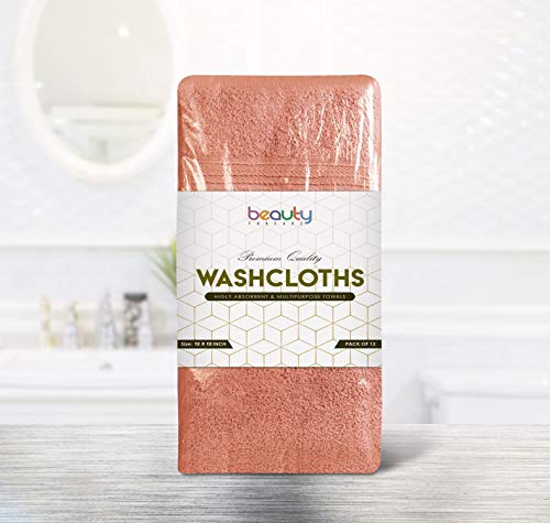 Beauty Threadz - Pack of 12 Washcloths 100% Ring Spun Cotton Premium Quality 12x12 inch Face Towel Highly Absorbent, Ultra Soft & Fade Resistant 400 GSM Wash Cloth Set (Petal Pink)