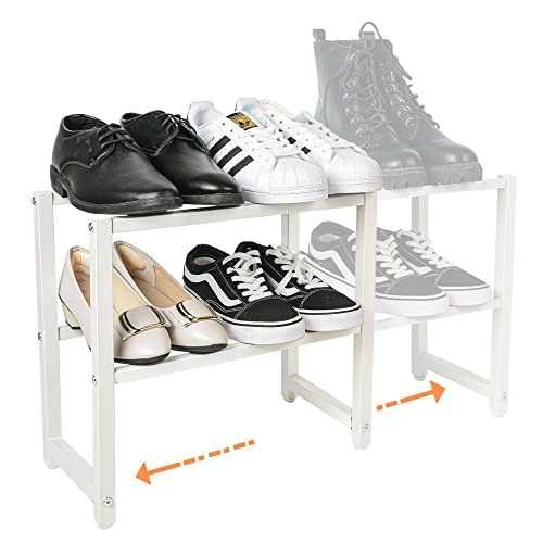 COMAX 2-Tier Expandable Shoe Rack Organizer for Closet Entryway Small Space, Adjustable Shoe Shelf Modern Metal Iron Shoe Stand, Free Standing Shoe Storage with Extendable Steel Tube, Two Tier White