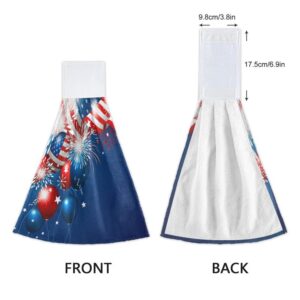 American Flag Fireworks Hanging Kitchen Towels USA 4th of July Independence Hand Towel 2PCS Dish Cloth Tie Towel Absorbent Oven Stove Washcloth with Loop for Bathroom Home Decorative