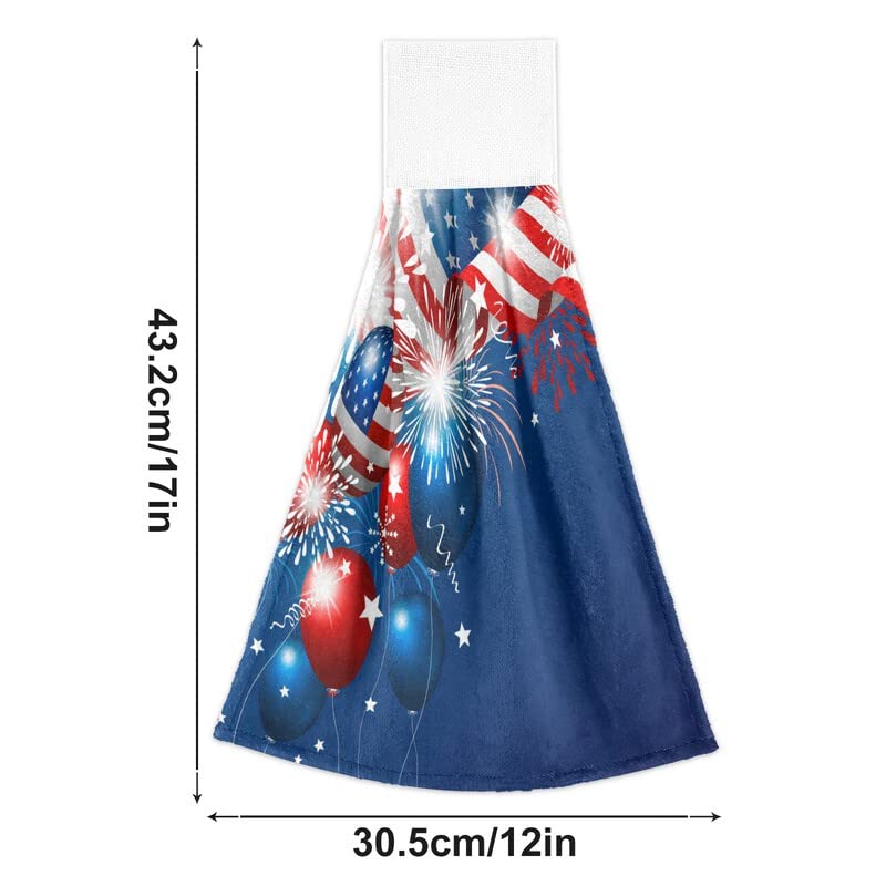 American Flag Fireworks Hanging Kitchen Towels USA 4th of July Independence Hand Towel 2PCS Dish Cloth Tie Towel Absorbent Oven Stove Washcloth with Loop for Bathroom Home Decorative