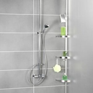 WENKO Telescopic Shower Corner Element Premium 3 Shelves, 2 Hooks and Mirror