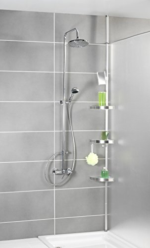 WENKO Telescopic Shower Corner Element Premium 3 Shelves, 2 Hooks and Mirror