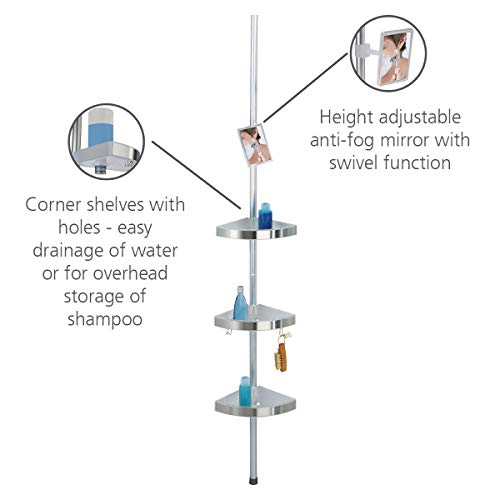 WENKO Telescopic Shower Corner Element Premium 3 Shelves, 2 Hooks and Mirror