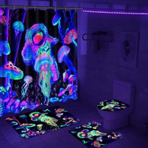 alishomtll 4 pcs blacklight astronaut kids shower curtain sets with rugs, black light space bathroom set with shower curtain and rugs, mushroom jellyfish bathroom sets decor for men