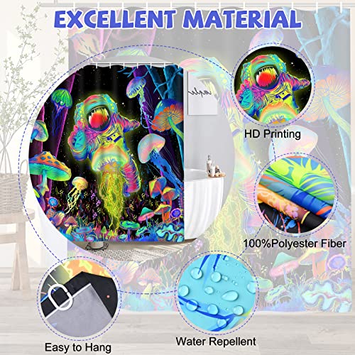 Alishomtll 4 Pcs Blacklight Astronaut Kids Shower Curtain Sets with Rugs, Black Light Space Bathroom Set with Shower Curtain and Rugs, Mushroom Jellyfish Bathroom Sets Decor for Men