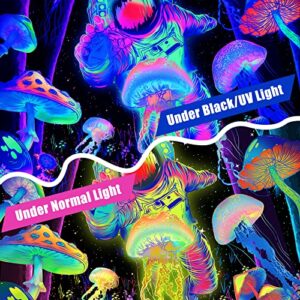 Alishomtll 4 Pcs Blacklight Astronaut Kids Shower Curtain Sets with Rugs, Black Light Space Bathroom Set with Shower Curtain and Rugs, Mushroom Jellyfish Bathroom Sets Decor for Men