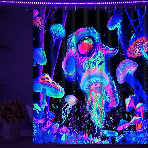 Alishomtll 4 Pcs Blacklight Astronaut Kids Shower Curtain Sets with Rugs, Black Light Space Bathroom Set with Shower Curtain and Rugs, Mushroom Jellyfish Bathroom Sets Decor for Men