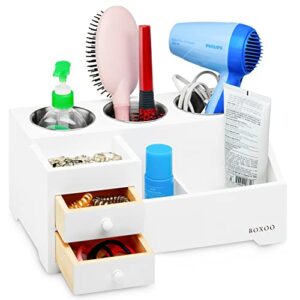 boxoo hair tools organizer with drawers - blow dryer, curling iron, straightener, hair brush holder - dressing table, bathroom countertop storage caddy - makeup, toiletries, hot tools holder, white