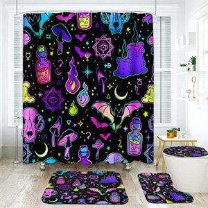 halloween bathroom sets with shower curtain and rugs and accessories, witch skull shower curtain sets, spooky shower curtains for the bathroom, halloween bathroom decor 4 pcs