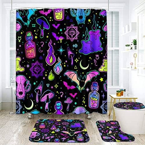 Halloween Bathroom Sets with Shower Curtain and Rugs and Accessories, Witch Skull Shower Curtain Sets, Spooky Shower Curtains for The Bathroom, Halloween Bathroom Decor 4 Pcs