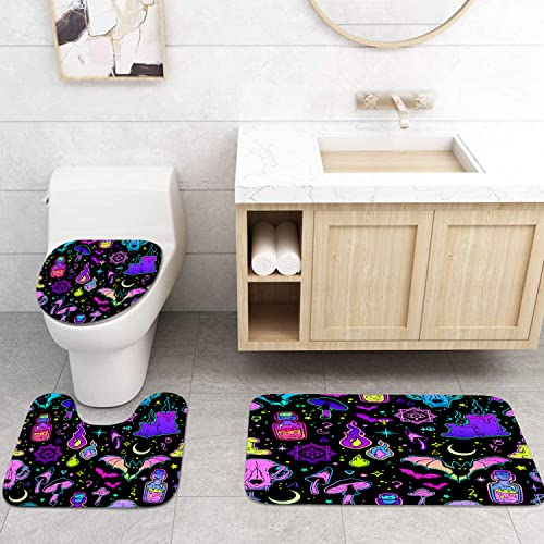 Halloween Bathroom Sets with Shower Curtain and Rugs and Accessories, Witch Skull Shower Curtain Sets, Spooky Shower Curtains for The Bathroom, Halloween Bathroom Decor 4 Pcs