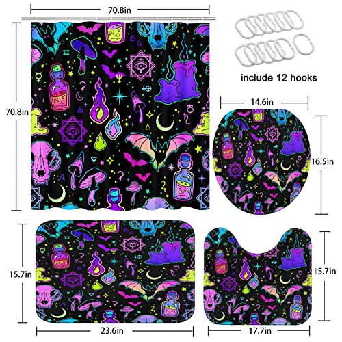 Halloween Bathroom Sets with Shower Curtain and Rugs and Accessories, Witch Skull Shower Curtain Sets, Spooky Shower Curtains for The Bathroom, Halloween Bathroom Decor 4 Pcs