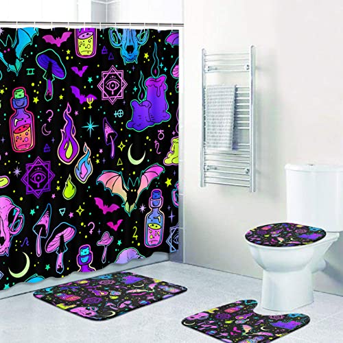 Halloween Bathroom Sets with Shower Curtain and Rugs and Accessories, Witch Skull Shower Curtain Sets, Spooky Shower Curtains for The Bathroom, Halloween Bathroom Decor 4 Pcs
