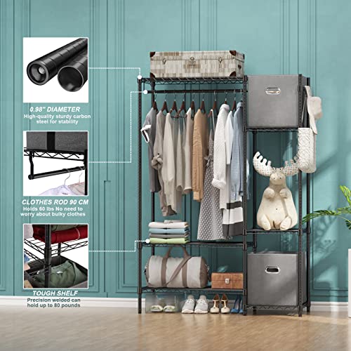 kemanner Free Standing Heavy Duty Garment Rack for Hanging Clothes Large Clothing Rack Freestanding Closet with 2 Fabric Drawers for Indoor Bedroom or Living Room (Black)