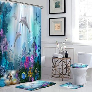 GRIEKOWE 4 Pcs Dolphin Shower Curtain Sets with Non-Slip Rugs, Toilet Lid Cover and Bath Mat, Underwater Algaes Coral Reefs Sunbeam Tropical Fish Shower Curtain with 12 Hooks, 72"x72"