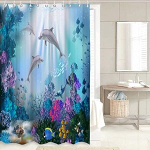 GRIEKOWE 4 Pcs Dolphin Shower Curtain Sets with Non-Slip Rugs, Toilet Lid Cover and Bath Mat, Underwater Algaes Coral Reefs Sunbeam Tropical Fish Shower Curtain with 12 Hooks, 72"x72"