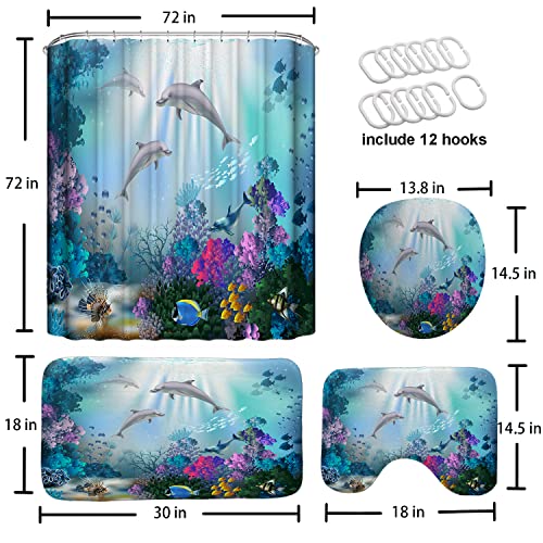 GRIEKOWE 4 Pcs Dolphin Shower Curtain Sets with Non-Slip Rugs, Toilet Lid Cover and Bath Mat, Underwater Algaes Coral Reefs Sunbeam Tropical Fish Shower Curtain with 12 Hooks, 72"x72"