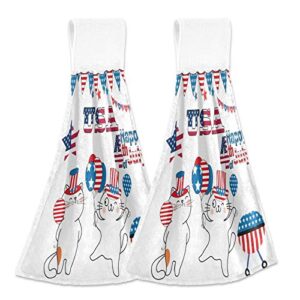 2 pack usa happy 4th of july hanging kitchen towel cute patriotic cats hand towels soft coral velvet loop dish towel for bathroom washcloth absorbent tie towel