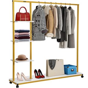 vevor clothing garment rack, 59.1"x14.2"x63.0", heavy-duty clothes rack w/ bottom shelf & extra 3 side shelves, 4 swivel casters, rolling clothes organizer for laundry room retail store boutique, gold