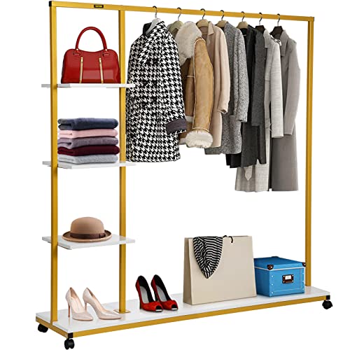 VEVOR Clothing Garment Rack, 59.1"x14.2"x63.0", Heavy-duty Clothes Rack w/ Bottom Shelf & Extra 3 Side Shelves, 4 Swivel Casters, Rolling Clothes Organizer for Laundry Room Retail Store Boutique, Gold