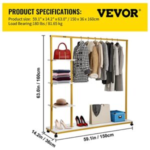 VEVOR Clothing Garment Rack, 59.1"x14.2"x63.0", Heavy-duty Clothes Rack w/ Bottom Shelf & Extra 3 Side Shelves, 4 Swivel Casters, Rolling Clothes Organizer for Laundry Room Retail Store Boutique, Gold