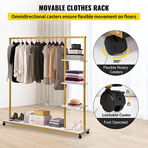 VEVOR Clothing Garment Rack, 59.1"x14.2"x63.0", Heavy-duty Clothes Rack w/ Bottom Shelf & Extra 3 Side Shelves, 4 Swivel Casters, Rolling Clothes Organizer for Laundry Room Retail Store Boutique, Gold