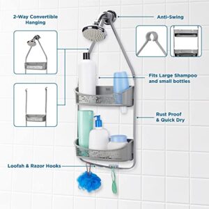 BLACK+DECKER 2-Way Convertible Hanging Anti-Swing Shower Caddy, 2 Way Adjustable Arm, Over The Door, Loofah & Razor Hooks, Storage & Organization, Large and Small Bottles and More, Grey