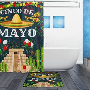 xigua Mardi Gras Bath Curtain Rugs Sets 2 Pcs,Cinco De Mayo Bathroom Theme Set with Shower Curtain and Non-Slip Carpet -12 Hooks-60X72in